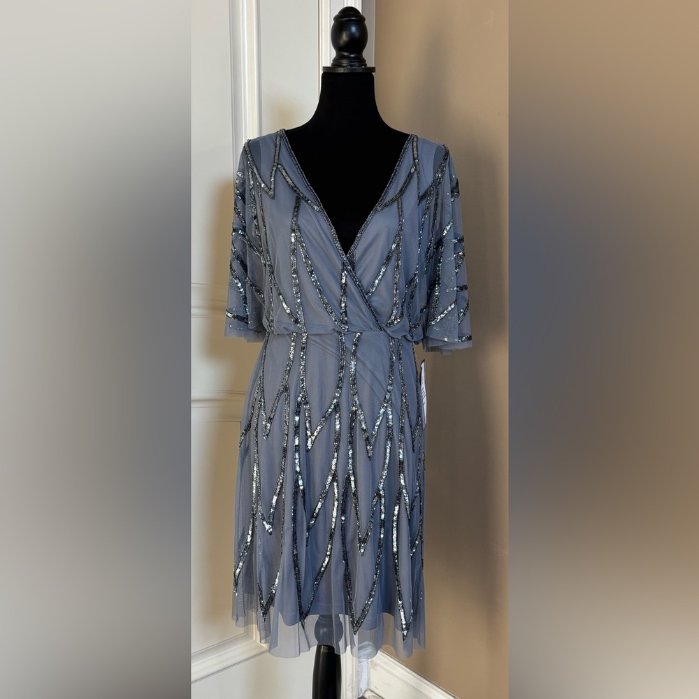 Embellish Bead Mesh Wrap Dress Adrianna Papell Dusty Blue Women’s Size 10 NWT - Picture 3 of 16